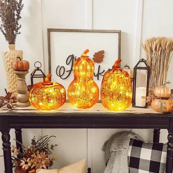 DECORKEY Fall Decorations for Home Set of 3 Glass Pumpkin with LED Lights Thanksgiving Table Decor Timer Lighted Pumpkin Decorations for Indoor Fall Mantel Decorating Orange