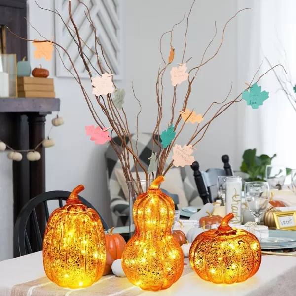 DECORKEY Fall Decorations for Home Set of 3 Glass Pumpkin with LED Lights Thanksgiving Table Decor Timer Lighted Pumpkin Decorations for Indoor Fall Mantel Decorating Orange