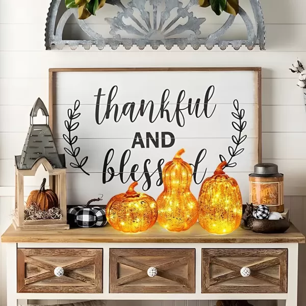 DECORKEY Fall Decorations for Home Set of 3 Glass Pumpkin with LED Lights Thanksgiving Table Decor Timer Lighted Pumpkin Decorations for Indoor Fall Mantel Decorating Orange