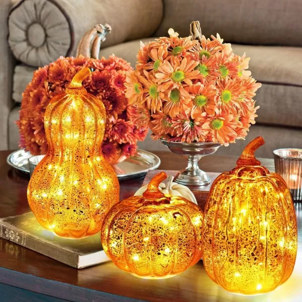 DECORKEY Fall Decorations for Home Set of 3 Glass Pumpkin with LED Lights Thanksgiving Table Decor Timer Lighted Pumpkin Decorations for Indoor Fall Mantel Decorating Orange
