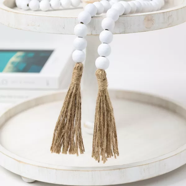 DECORKEY Farmhouse Wood Beads Garland Decor 58 Inch Wooden Beads for Boho Home Decor with Tassels Rustic Country Decor for Table Wall Shelf Tray Vase Living Room Bedroom SummerWhite