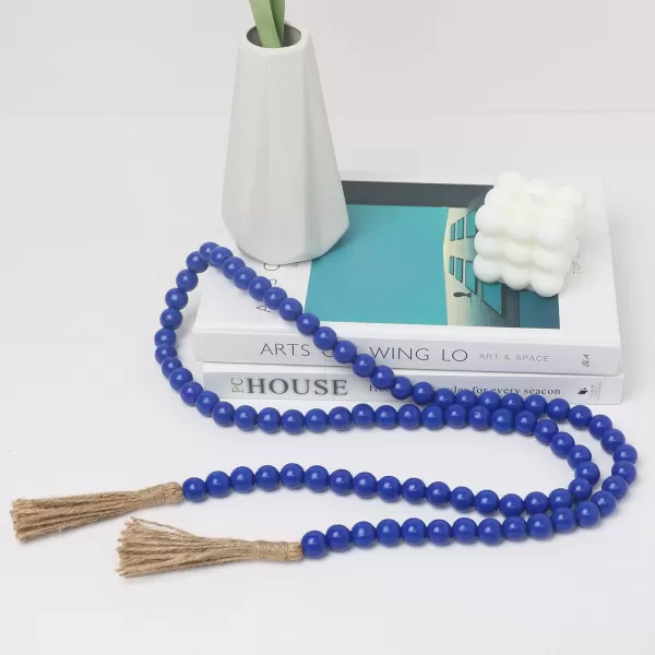 DECORKEY Farmhouse Wood Beads Garland Decor 58 Inch Wooden Beads for Boho Home Decor with Tassels Rustic Country Decor for Table Wall Shelf Tray Vase Living Room Bedroom SummerDark Blue  2 Pack