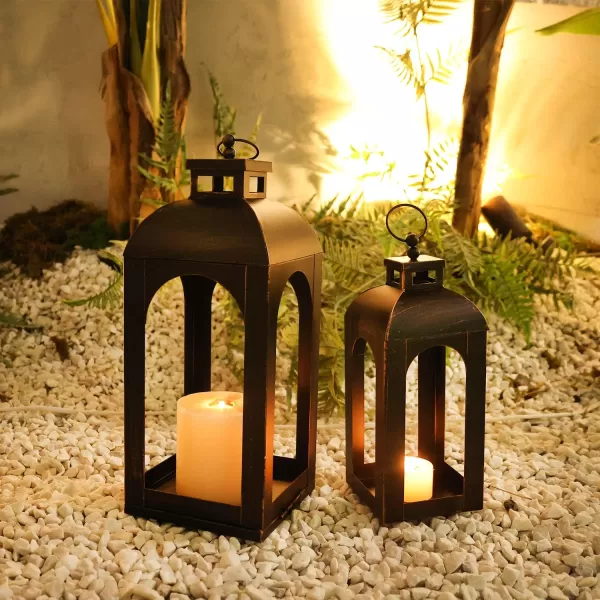 DECORKEY LED Lantern Decorative OutdoorampampIndoor Set of 2 17ampamp13 Black Metal Lanterns Decor Vintage Hanging Candle Holder for Home Porch Wedding Halloween Christmas Decorations Battery PoweredLedblack  Stripe