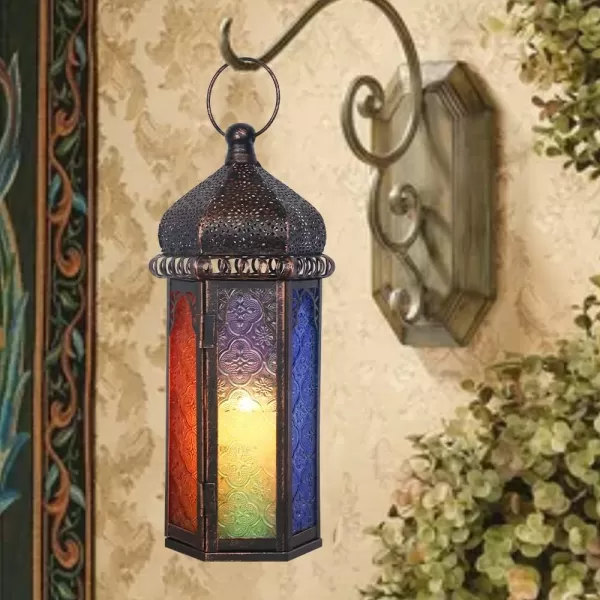 DECORKEY Vintage Candle Lantern Decorative IndoorampampOutdoor 147 Moroccan HangingampampTabletop Lantern with 6 Colors Glass Metal Christmas Halloween Ramadan Decorations for Home Front Porch Patio DecorColorful 2