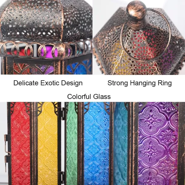 DECORKEY Vintage Candle Lantern Decorative IndoorampampOutdoor 147 Moroccan HangingampampTabletop Lantern with 6 Colors Glass Metal Christmas Halloween Ramadan Decorations for Home Front Porch Patio DecorColorful 2