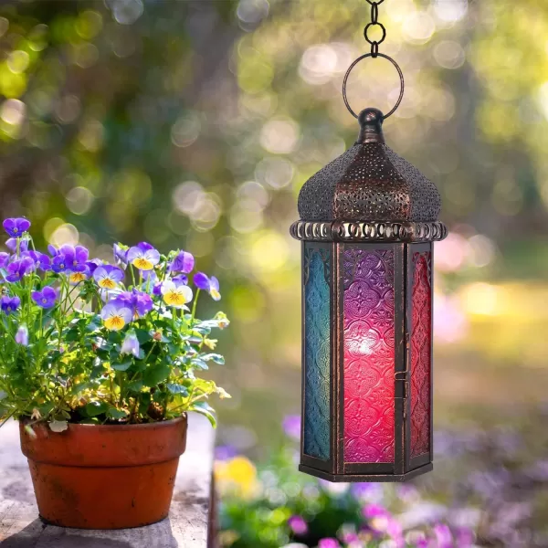 DECORKEY Vintage Candle Lantern Decorative IndoorampampOutdoor 147 Moroccan HangingampampTabletop Lantern with 6 Colors Glass Metal Christmas Halloween Ramadan Decorations for Home Front Porch Patio DecorColorful 2