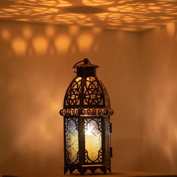 DECORKEY Vintage Large Size Decorative Moroccan Candle Lantern 128 Metal HangingampampTabletop Lantern Candle Holder Decor Halloween Christmas Ramadan Decorations for Home Indoor Outdoor Patio AmberBlue