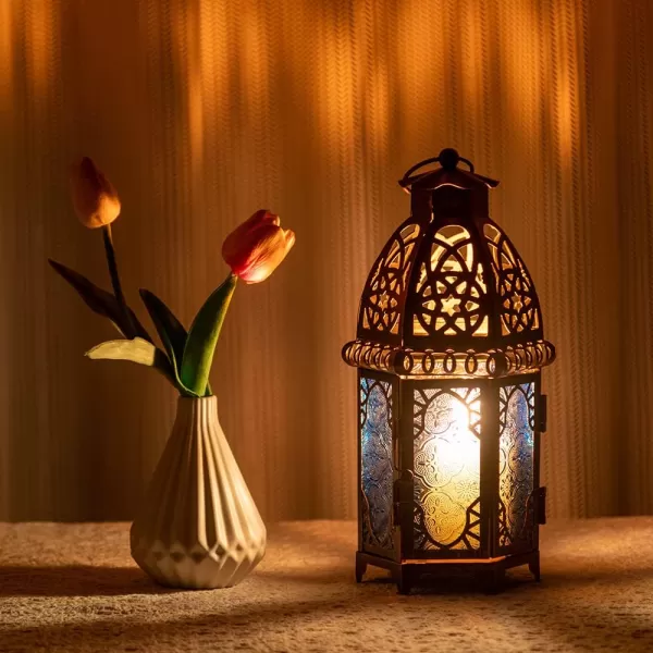 DECORKEY Vintage Large Size Decorative Moroccan Candle Lantern 128 Metal HangingampampTabletop Lantern Candle Holder Decor Halloween Christmas Ramadan Decorations for Home Indoor Outdoor Patio AmberBlue