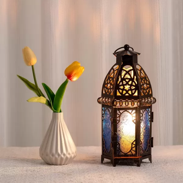 DECORKEY Vintage Large Size Decorative Moroccan Candle Lantern 128 Metal HangingampampTabletop Lantern Candle Holder Decor Halloween Christmas Ramadan Decorations for Home Indoor Outdoor Patio AmberBlue