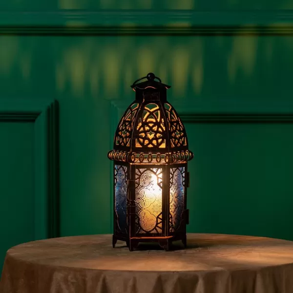 DECORKEY Vintage Large Size Decorative Moroccan Candle Lantern 128 Metal HangingampampTabletop Lantern Candle Holder Decor Halloween Christmas Ramadan Decorations for Home Indoor Outdoor Patio AmberBlue