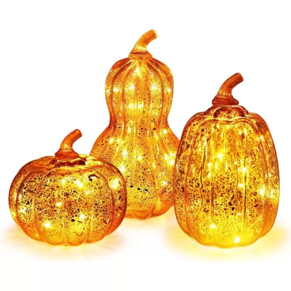 DECORKEY Fall Decorations for Home Set of 3 Glass Pumpkin with LED Lights Thanksgiving Table Decor Timer Lighted Pumpkin Decorations for Indoor Fall Mantel Decorating Orange