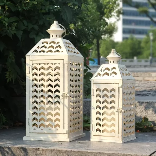 DECORKEY LED Lantern Decorative OutdoorampampIndoor Set of 2 17ampamp13 Black Metal Lanterns Decor Vintage Hanging Candle Holder for Home Porch Wedding Halloween Christmas Decorations Battery PoweredLedwhite  Stripe