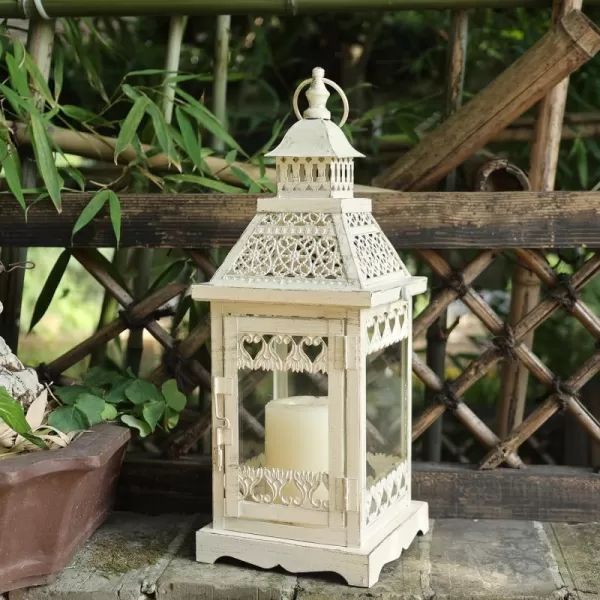 DECORKEY Lantern Decorative Indoor ampamp Outdoor 14 Candle Lantern with Clear Glass Vintage Metal Candle Holders Farmhouse Home Decor Shelf Table Patio Front Porch Decorations Wedding Memorial GiftsBeige 3