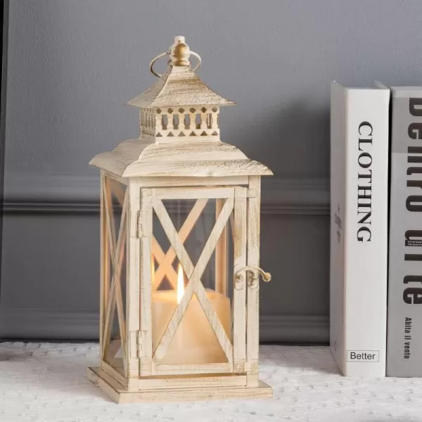 DECORKEY Lantern Decorative Indoor ampamp Outdoor 14 Candle Lantern with Clear Glass Vintage Metal Candle Holders Farmhouse Home Decor Shelf Table Patio Front Porch Decorations Wedding Memorial GiftsBeige1