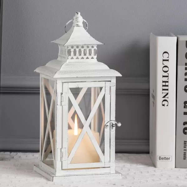 DECORKEY Lantern Decorative Indoor ampamp Outdoor 14 Candle Lantern with Clear Glass Vintage Metal Candle Holders Farmhouse Home Decor Shelf Table Patio Front Porch Decorations Wedding Memorial GiftsWhite 1