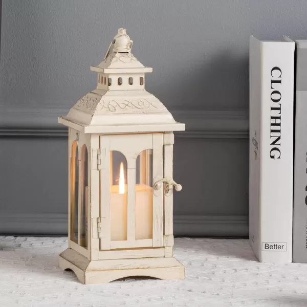 DECORKEY Lanterns Decorative Indoor ampamp Outdoor Medium Hanging Home Decor Vintage Metal Decorative Candle Lanterns for Outdoor Patio Wedding Party White with Black BrushBeige 