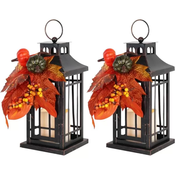 DECORKEY Thanksgiving Table Decor LED Candle Lantern Decorative Indoor ampamp Outdoor  145quot Vintage Hanging Lanterns with Pumpkin Teardrop Wreath for Patio Front Porch Home Fall Thanksgiving DecorationsBlack Set of 2