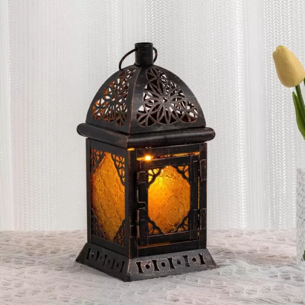 DECORKEY Vintage Candle Lantern Decorative IndoorampampOutdoor 147 Moroccan HangingampampTabletop Lantern with 6 Colors Glass Metal Christmas Halloween Ramadan Decorations for Home Front Porch Patio DecorAmber