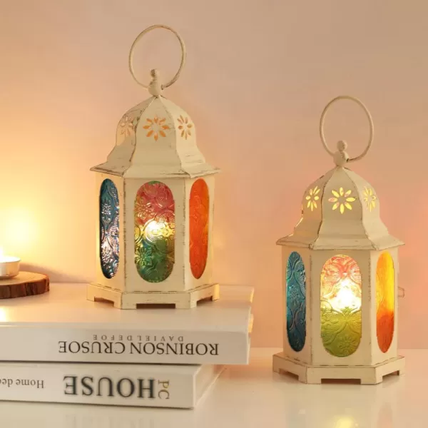 DECORKEY Vintage Candle Lantern Decorative IndoorampampOutdoor 147 Moroccan HangingampampTabletop Lantern with 6 Colors Glass Metal Christmas Halloween Ramadan Decorations for Home Front Porch Patio DecorMini 2 Set