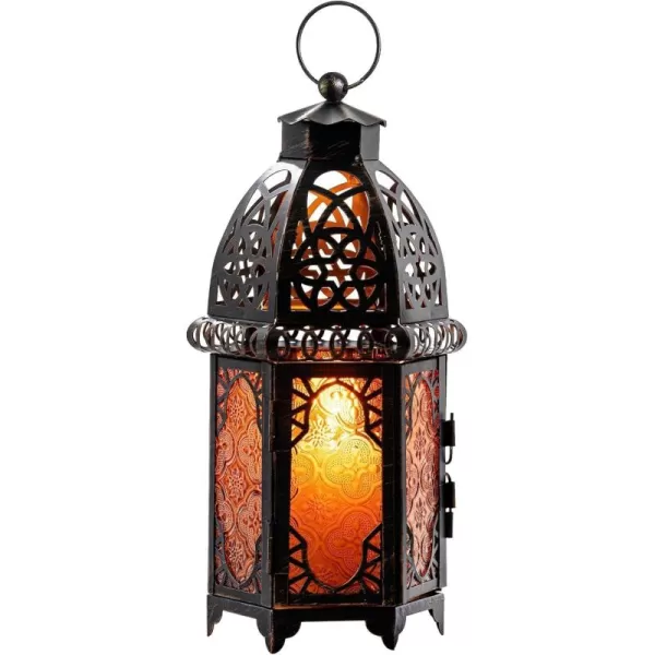 DECORKEY Vintage Large Size Decorative Moroccan Candle Lantern 128 Metal HangingampampTabletop Lantern Candle Holder Decor Halloween Christmas Ramadan Decorations for Home Indoor Outdoor Patio AmberAmber