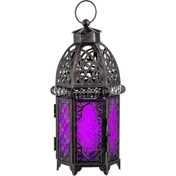 DECORKEY Vintage Large Size Decorative Moroccan Candle Lantern 128 Metal HangingampampTabletop Lantern Candle Holder Decor Halloween Christmas Ramadan Decorations for Home Indoor Outdoor Patio AmberPurple
