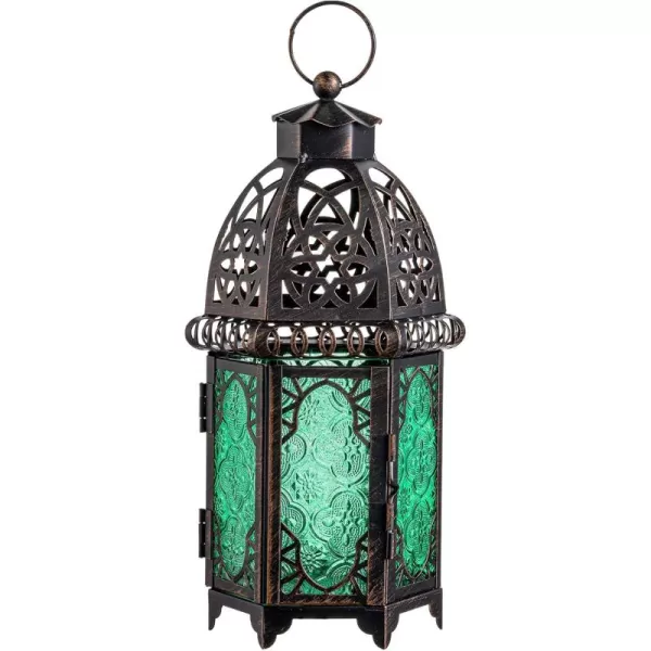 DECORKEY Vintage Large Size Decorative Moroccan Candle Lantern 128 Metal HangingampampTabletop Lantern Candle Holder Decor Halloween Christmas Ramadan Decorations for Home Indoor Outdoor Patio AmberGreen