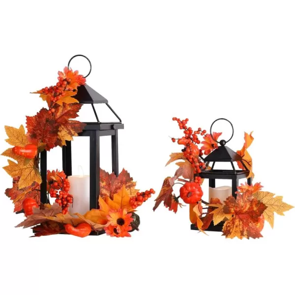 Fall Decorations for Home DECORKEY LED Candle Lantern Decorative Indoor ampamp Outdoor 14quot Vintage Hanging Lanterns with Pumpkin Maple Vine for Patio Front Porch Table Decor ThanksgivingBlack Set of 2