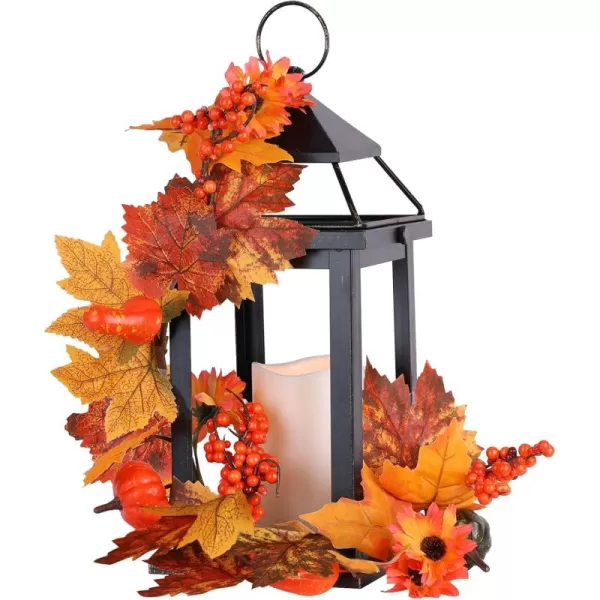 Fall Decorations for Home DECORKEY LED Candle Lantern Decorative Indoor ampamp Outdoor 14quot Vintage Hanging Lanterns with Pumpkin Maple Vine for Patio Front Porch Table Decor ThanksgivingBlack Set of 1