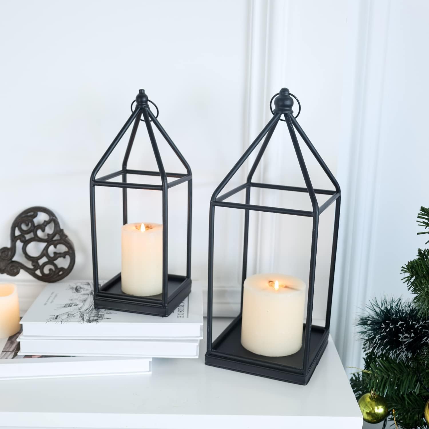 DECORKEY Candle Lantern Decorative Indoor ampamp Outdoor Large Vintage Metal HangingTabletop Lanterns for Patio Front Porch Rustic Home Decor Candle Holders for Christmas Decorations BronzeBlack