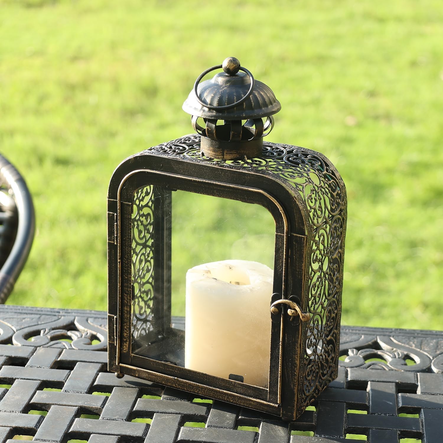 DECORKEY Candle Lantern Decorative Indoor ampamp Outdoor Vintage Metal Lanterns with Clear Glass TabletopampampHanging Candle Holders for Patio Front Porch Home Decor Halloween Christmas Decorations WhiteBronze