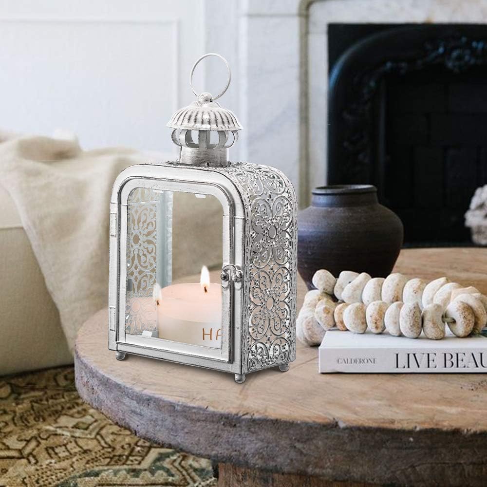 DECORKEY Candle Lantern Decorative Indoor ampamp Outdoor Vintage Metal Lanterns with Clear Glass TabletopampampHanging Candle Holders for Patio Front Porch Home Decor Halloween Christmas Decorations WhiteWhite