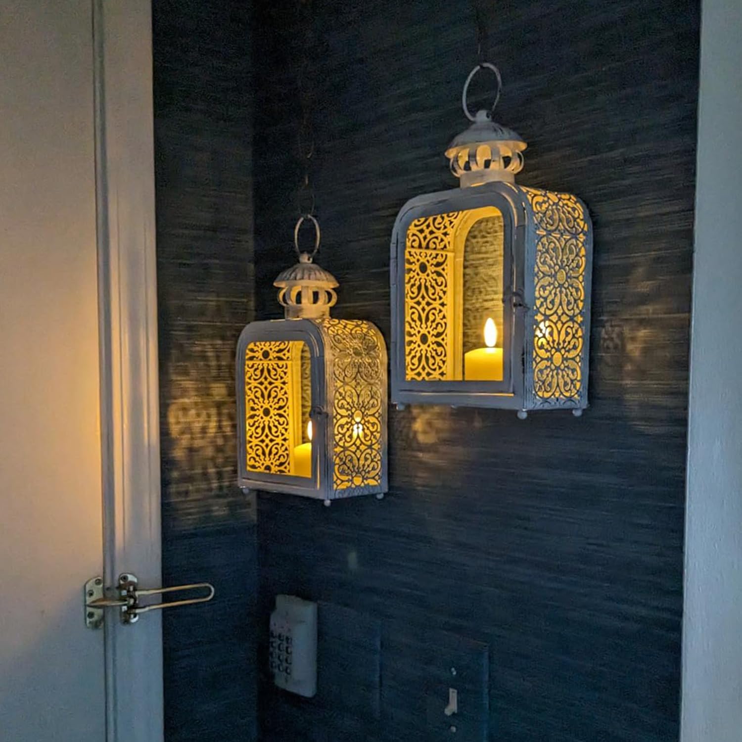 DECORKEY Candle Lantern Decorative Indoor ampamp Outdoor Vintage Metal Lanterns with Clear Glass TabletopampampHanging Candle Holders for Patio Front Porch Home Decor Halloween Christmas Decorations WhiteWhite