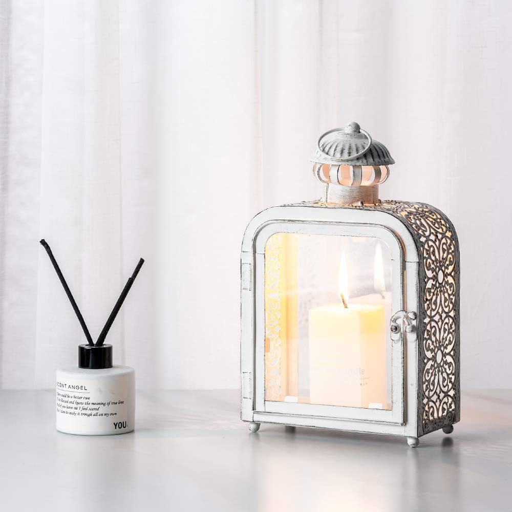 DECORKEY Candle Lantern Decorative Indoor ampamp Outdoor Vintage Metal Lanterns with Clear Glass TabletopampampHanging Candle Holders for Patio Front Porch Home Decor Halloween Christmas Decorations WhiteWhite