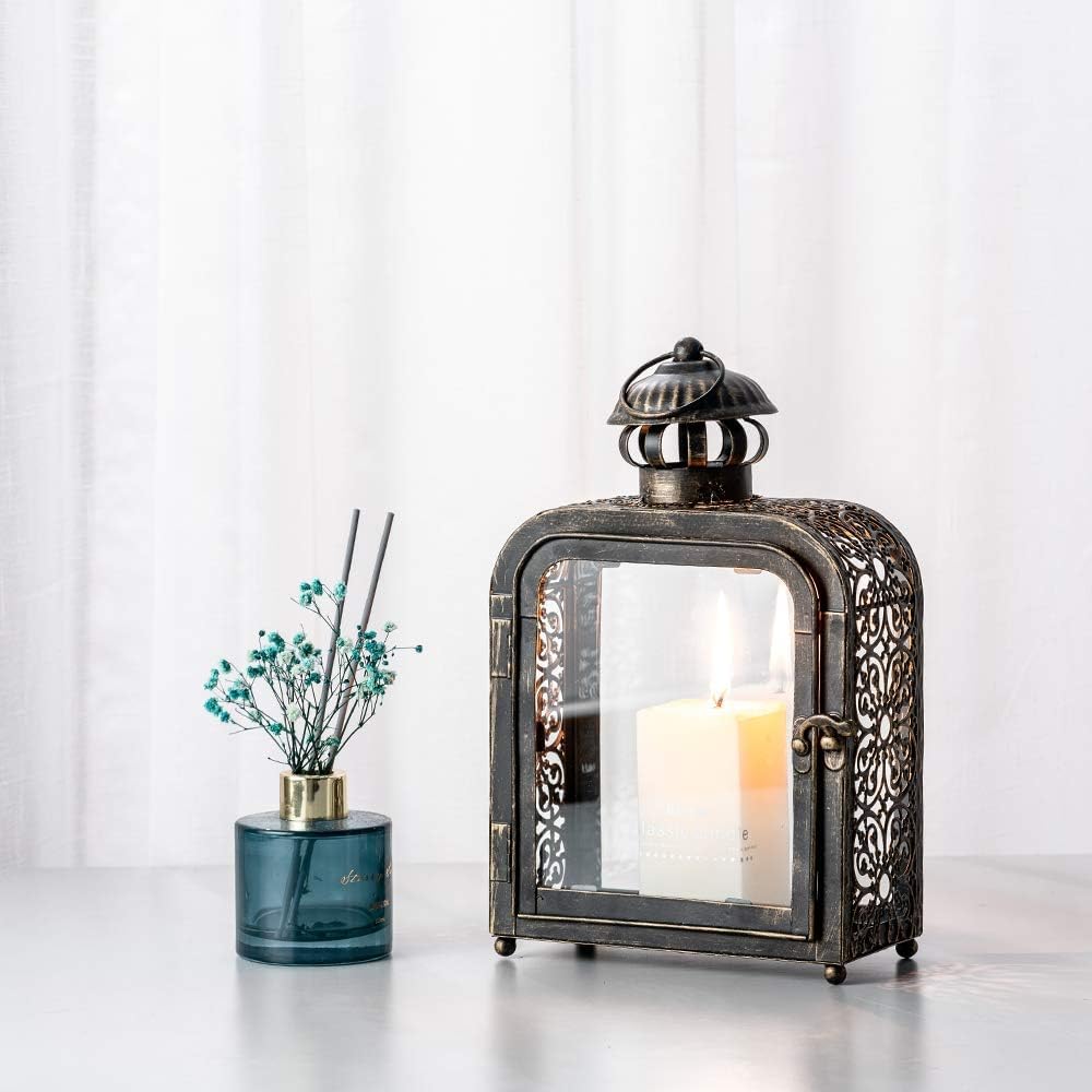 DECORKEY Candle Lantern Decorative Indoor ampamp Outdoor Vintage Metal Lanterns with Clear Glass TabletopampampHanging Candle Holders for Patio Front Porch Home Decor Halloween Christmas Decorations WhiteBronze