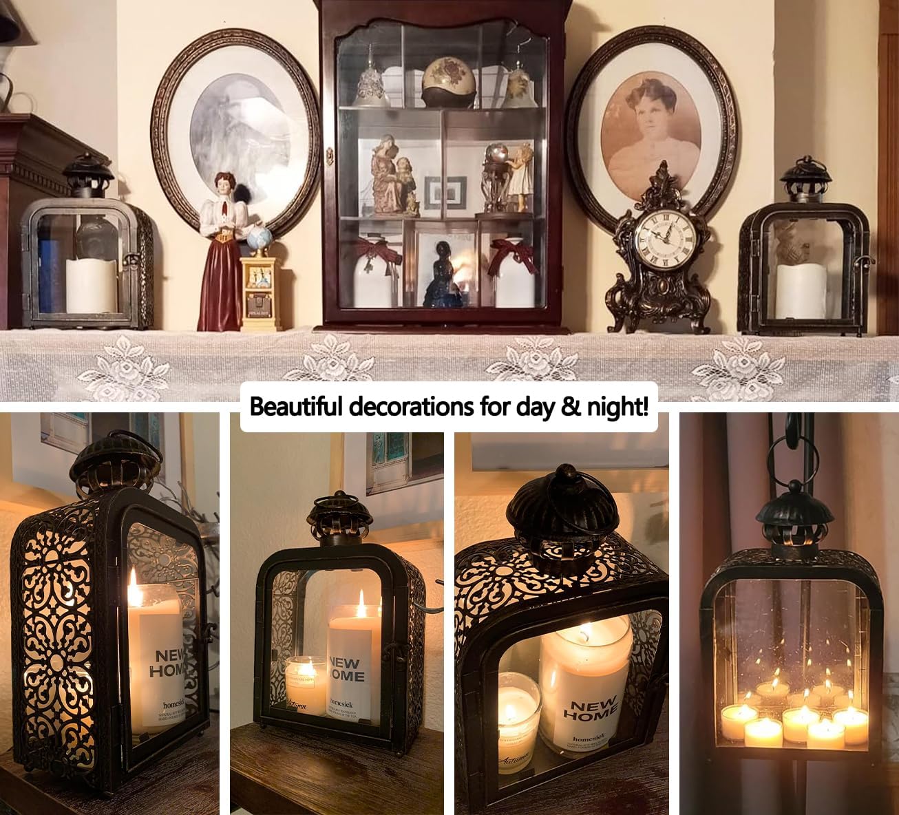 DECORKEY Candle Lantern Decorative Indoor ampamp Outdoor Vintage Metal Lanterns with Clear Glass TabletopampampHanging Candle Holders for Patio Front Porch Home Decor Halloween Christmas Decorations WhiteBronze