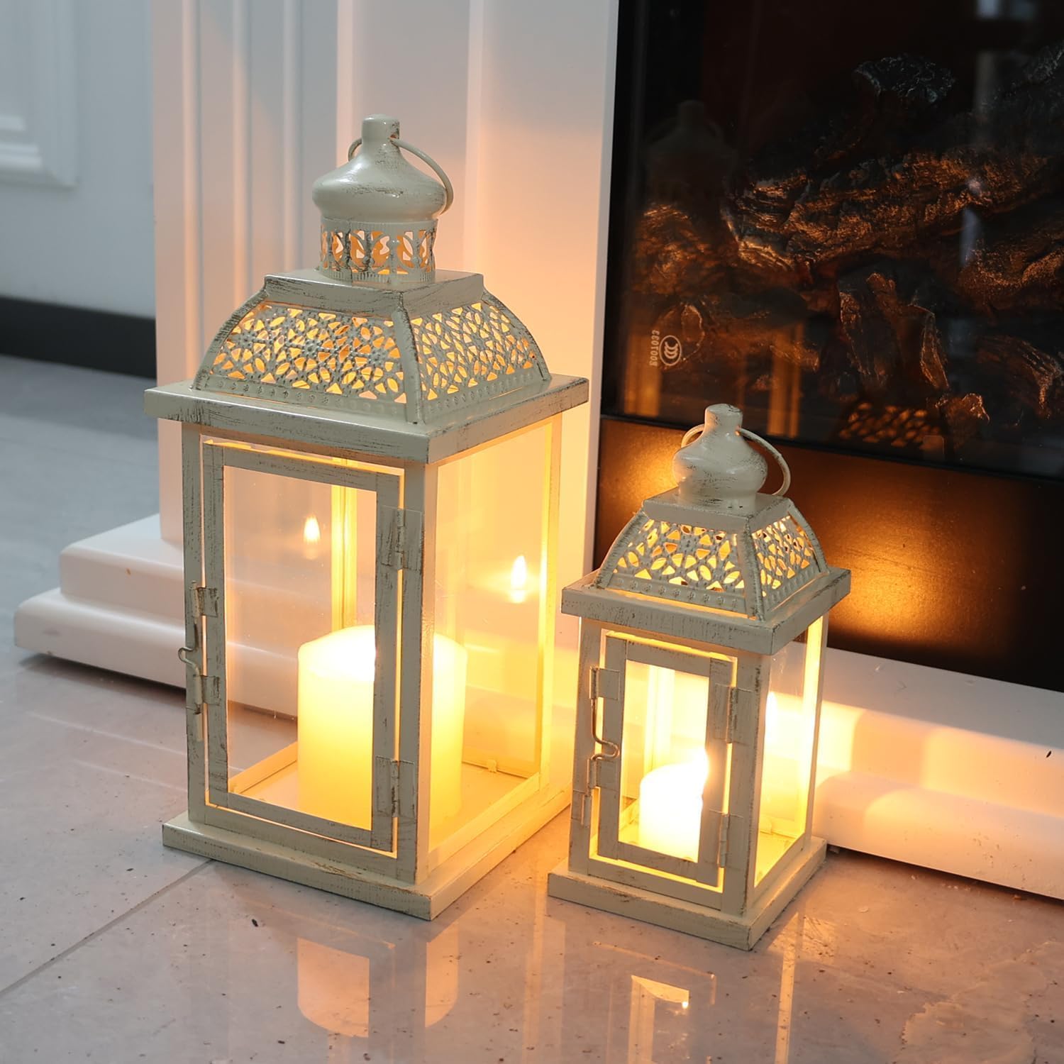 DECORKEY Lanterns Decorative IndoorampampOutdoor 144 Large Black Square Hanging Lanterns Vintage Metal Candle Holder for Outdoor Patio Front Door Porch Wedding Party DecorWhitesquare Stripe