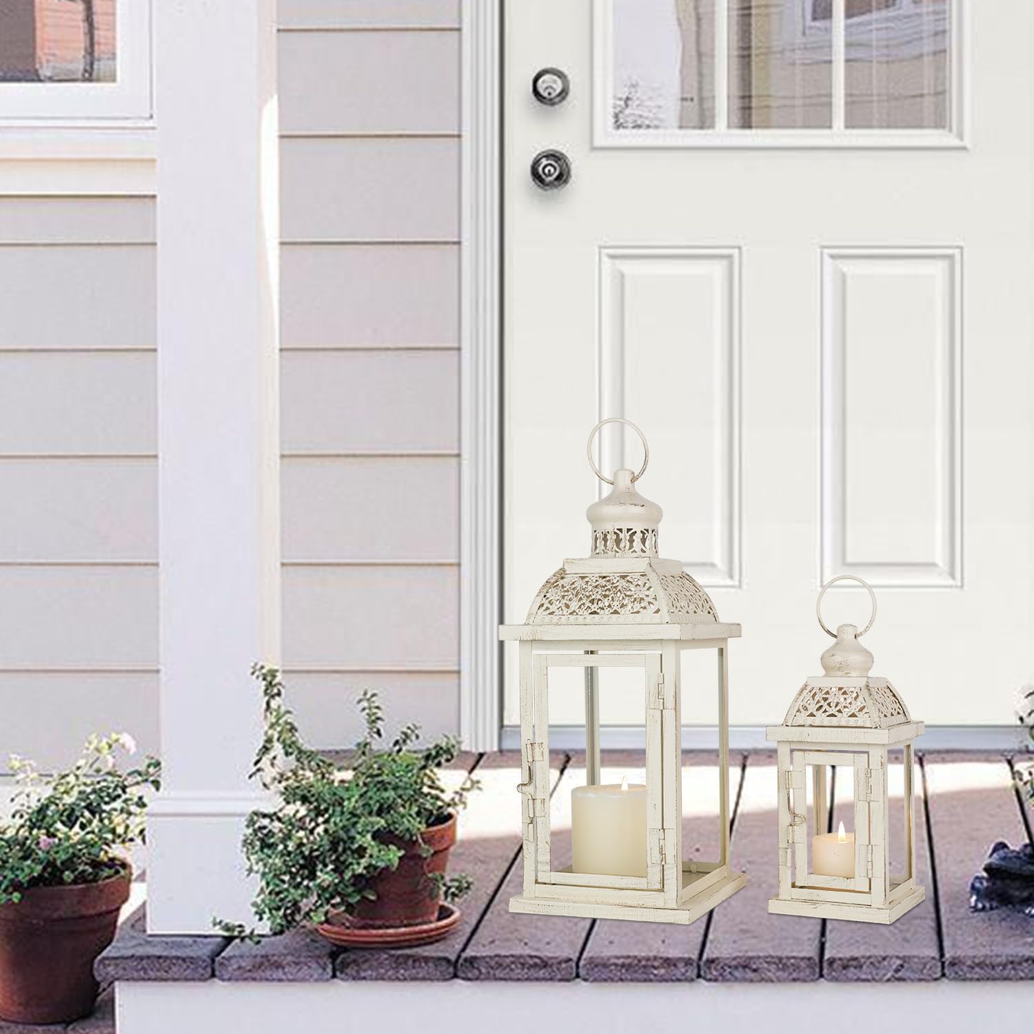 DECORKEY Lanterns Decorative IndoorampampOutdoor 144 Large Black Square Hanging Lanterns Vintage Metal Candle Holder for Outdoor Patio Front Door Porch Wedding Party DecorWhitesquare Stripe