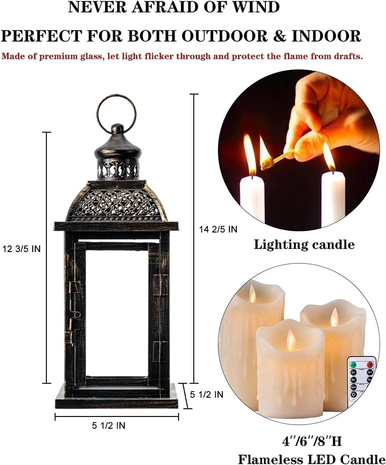 DECORKEY Lanterns Decorative IndoorampampOutdoor 144 Large Black Square Hanging Lanterns Vintage Metal Candle Holder for Outdoor Patio Front Door Porch Wedding Party DecorBlacksquare