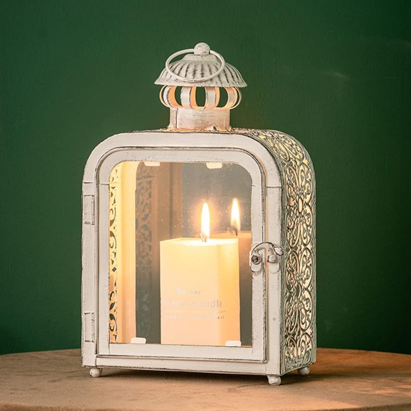 DECORKEY Candle Lantern Decorative Indoor ampamp Outdoor Vintage Metal Lanterns with Clear Glass TabletopampampHanging Candle Holders for Patio Front Porch Home Decor Halloween Christmas Decorations WhiteWhite