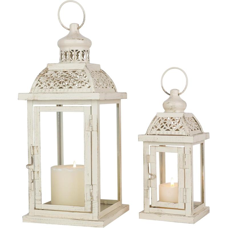 DECORKEY Lanterns Decorative IndoorampampOutdoor 144 Large Black Square Hanging Lanterns Vintage Metal Candle Holder for Outdoor Patio Front Door Porch Wedding Party DecorWhitesquare Stripe
