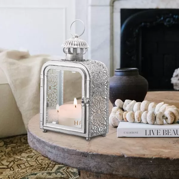 DECORKEY Candle Lantern Decorative Indoor ampamp Outdoor Vintage Metal Lanterns with Clear Glass TabletopampampHanging Candle Holders for Patio Front Porch Home Decor Halloween Christmas Decorations WhiteWhite