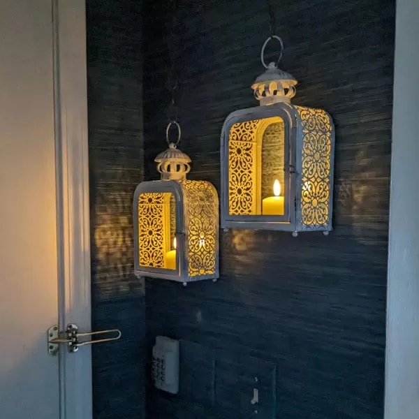 DECORKEY Candle Lantern Decorative Indoor ampamp Outdoor Vintage Metal Lanterns with Clear Glass TabletopampampHanging Candle Holders for Patio Front Porch Home Decor Halloween Christmas Decorations WhiteWhite