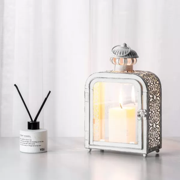 DECORKEY Candle Lantern Decorative Indoor ampamp Outdoor Vintage Metal Lanterns with Clear Glass TabletopampampHanging Candle Holders for Patio Front Porch Home Decor Halloween Christmas Decorations WhiteWhite