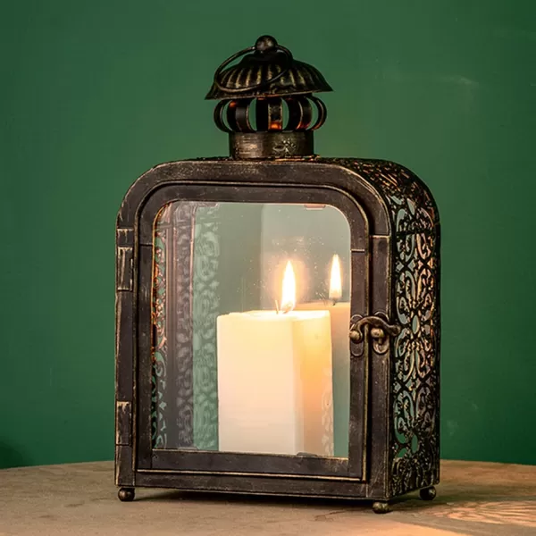 DECORKEY Candle Lantern Decorative Indoor ampamp Outdoor Vintage Metal Lanterns with Clear Glass TabletopampampHanging Candle Holders for Patio Front Porch Home Decor Halloween Christmas Decorations WhiteBronze