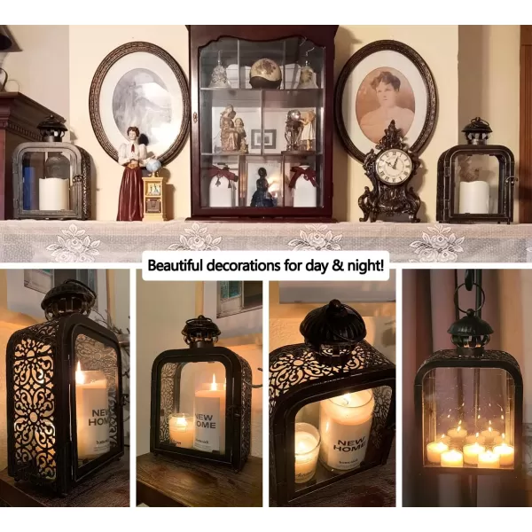 DECORKEY Candle Lantern Decorative Indoor ampamp Outdoor Vintage Metal Lanterns with Clear Glass TabletopampampHanging Candle Holders for Patio Front Porch Home Decor Halloween Christmas Decorations WhiteBronze