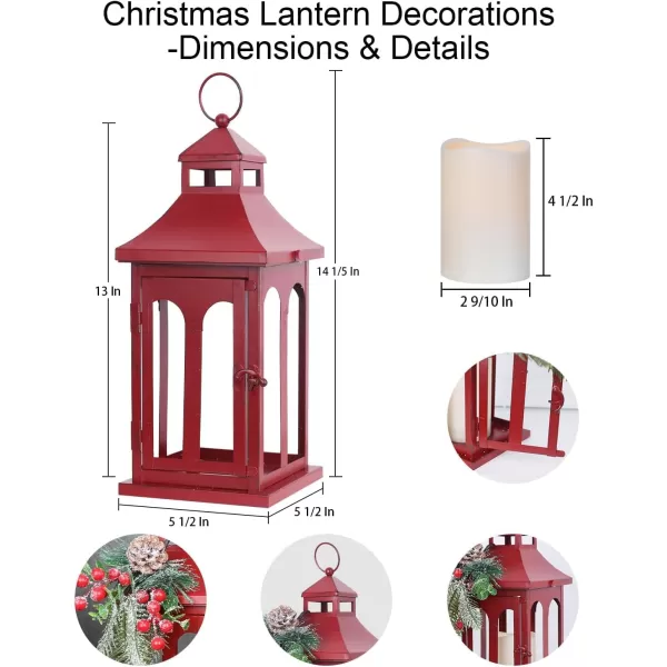 DECORKEY Christmas Decorations For Home Decorative Christmas Lantern Indoor Outdoor Decor Metal Hanging Candle Holder with Xmas Teardrop Wreath ampamp LED Candle for Table Centerpieces Patio PorchRed