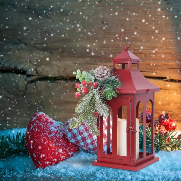 DECORKEY Christmas Decorations For Home Decorative Christmas Lantern Indoor Outdoor Decor Metal Hanging Candle Holder with Xmas Teardrop Wreath ampamp LED Candle for Table Centerpieces Patio PorchRed