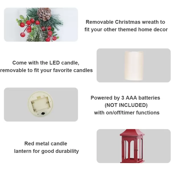 DECORKEY Christmas Decorations For Home Decorative Christmas Lantern Indoor Outdoor Decor Metal Hanging Candle Holder with Xmas Teardrop Wreath ampamp LED Candle for Table Centerpieces Patio PorchRed