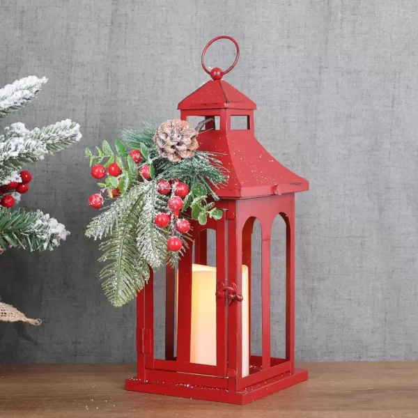 DECORKEY Christmas Decorations For Home Decorative Christmas Lantern Indoor Outdoor Decor Metal Hanging Candle Holder with Xmas Teardrop Wreath ampamp LED Candle for Table Centerpieces Patio PorchRed