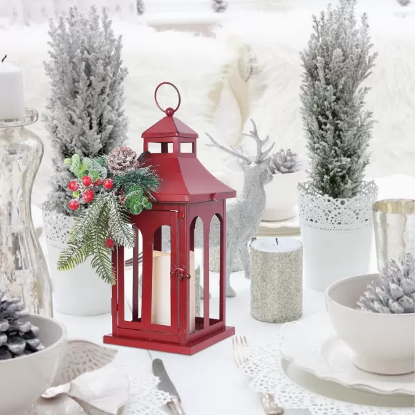 DECORKEY Christmas Decorations For Home Decorative Christmas Lantern Indoor Outdoor Decor Metal Hanging Candle Holder with Xmas Teardrop Wreath ampamp LED Candle for Table Centerpieces Patio PorchRed